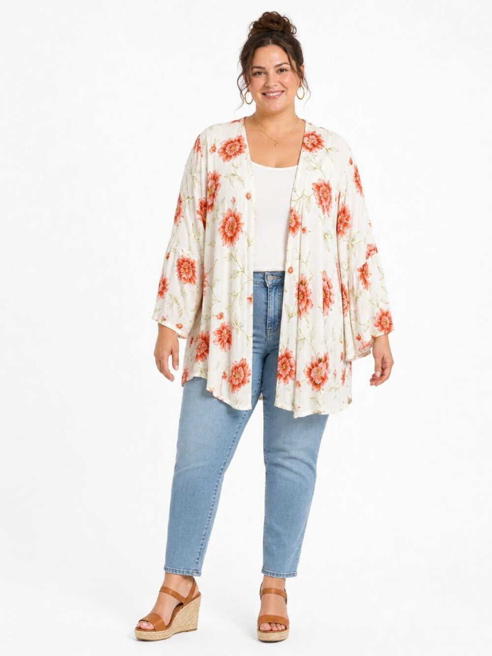 Torrid Floral Open Front Kimono White Orange Floral Resort Size 1/2